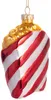 A glass Christmas ornament shaped like a popcorn box with red and white stripes. Voir les images du produit