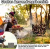 A woman and her dog are sitting by a campfire in a forest setting, with a firewood rack in the foreground. Náhled obrázku produktu