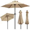 Multiple views of a beige patio umbrella, including one open and two closed. Produktbild-Vorschau