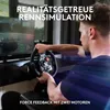 A person is playing a racing game using a Logitech G29 steering wheel. The screen shows a racing game. Produktbild-Vorschau