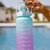 Verlauf blaue bis lila Motivations-Wasserflasche mit Griff, gehalten von einer Hand neben einem Schwimmbecken Voir les images du produit