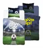 Two football-themed duvet covers are displayed, one with a close-up of a football stadium and the text 'give up!', and another with a football and the text 'NEVER give up!'. Produktbild-Vorschau