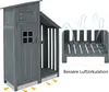 A grey wooden garden shed with an inset showing improved air circulation. Produktbild-Vorschau