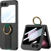 A black flip phone case with a gold ring holder is shown from two angles against a white background.