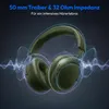 A pair of green over-ear headphones is shown with abstract sound waves emanating from them against a dark background. Produktbild-Vorschau