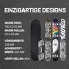 A collection of skateboards with different designs displayed on a dark, textured background, alongside technical specifications. Produktbild-Vorschau