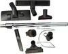 A collection of vacuum cleaner attachments and a metal extension tube are arranged on a white background. Produktbild-Vorschau