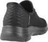 A black SKECHERS slip-on shoe is shown from the back. Voir les images du produit