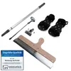 A collection of tools for epoxy resin floor coating, including a squeegee, telescopic pole, mixing paddle, and spiked shoes, laid out on a white background. Produktbild-Vorschau
