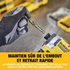 A gloved hand holding a drill bit, about to insert it into a yellow and black DeWalt drill. The bottom of the image has a yellow banner with French text. Produktbild-Vorschau