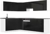 A modern L-shaped kitchen unit with black high-gloss cabinets and white accents, featuring a sink, faucet, and oven. Produktbild-Vorschau