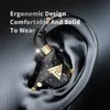 A close-up of an in-ear headphone in an ear, with text overlay describing its features. Produktbild-Vorschau