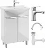 A bathroom vanity with a sink and faucet, along with plumbing parts, displayed against a white background. Produktbild-Vorschau