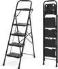 A black stepladder is shown in two views: one unfolded and one folded. Podgląd zdjęcia produktu