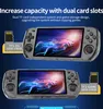 Two handheld gaming consoles are displayed, each showing a racing car on its screen. Text overlays describe features related to storage capacity. Produktbild-Vorschau