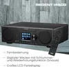 A black Regent i450s internet radio is shown with a remote control and a textured gray background. Text overlays describe features. Produktbild-Vorschau