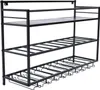 A black metal wine rack with three shelves, designed for wall mounting. Náhled obrázku produktu