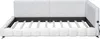A white upholstered bed frame with a slatted base is shown from the front. Náhľad obrázku produktu