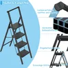 A black folding step stool with multiple steps is shown with various feature callouts and descriptions. Produktbild-Vorschau