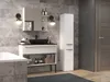 A modern bathroom with a vanity, sink, mirror, and storage cabinet. Produktbild-Vorschau