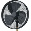 A black stand fan with a wooden pole, shown from the front against a white background. Voir les images du produit