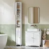 A bathroom scene with a tall white cabinet, a vanity with a sink, and a bathtub. Produktbild-Vorschau