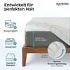 A fitted sheet being placed on a mattress, with icons and text highlighting compatibility and features. Produktbild-Vorschau