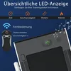 A close-up marketing image of a treadmill's control panel and remote, with feature callouts and icons. Produktbild-Vorschau
