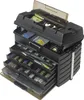 A black fishing tackle box with multiple drawers and compartments, filled with fishing lures and accessories. Anteprima dell’immagine prodotto