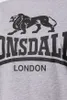Close-up of a grey t-shirt with a black Lonsdale logo and text. Produktbild-Vorschau