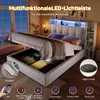 A bed with LED lighting and storage, shown with its storage compartment open. Produktbild-Vorschau