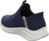 A rear-side view of a blue Skechers slip-on shoe with a speckled white sole. Produktbild-Vorschau