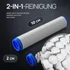 A product shot of a filter cartridge with text overlays indicating its features and dimensions. Produktbild-Vorschau