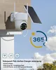 A solar-powered security camera mounted on a wall, with a solar panel attached. Produktbild-Vorschau