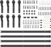 A collection of black metal sliding door hardware components and fasteners, laid out on a white background. Voir les images du produit