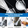 Collage showing a shower head in action and demonstrating its cleaning capabilities on various surfaces and a dog. Produktbild-Vorschau