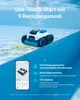 A pool cleaning robot is shown underwater, with a smartphone displaying its app interface next to it. Text highlights the product's features. Produktbild-Vorschau