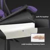 Close-up view of a gaming chair's materials, showing layers of soft PU leather and cold-molded memory foam. Produktbild-Vorschau