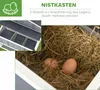 A collage showing a chicken coop interior with nesting boxes and eggs in straw. Produktbild-Vorschau