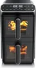 A black dual-chamber air fryer with food visible in both chambers. Produktbild-Vorschau