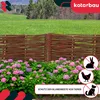 A woven willow fence bordering a flower bed with hydrangeas, set against a grassy hill and trees. Voir les images du produit