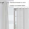 A split image showing a close-up of a white curtain on the left and a sheer white curtain hanging in a window on the right, with text overlays. Produktbild-Vorschau