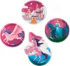 A collage of four circular and shaped images featuring unicorns, a princess on a horse, and a castle, with a pink and purple color scheme. Produktbild-Vorschau