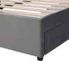 A close-up view of the side and bottom of a bed frame, showing the wooden slats and upholstered sides with drawers. Anteprima dell’immagine prodotto