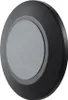 A close-up, angled view of a black, round cosmetic mirror with a gray reflective surface. Produktbild-Vorschau