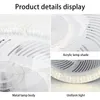Collage of close-up shots of a modern ceiling fan with integrated LED lighting, highlighting its components and light quality. Produktbild-Vorschau