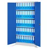 A blue metal filing cabinet with its doors open, revealing multiple shelves filled with blue binders. The cabinet has a light gray base. Podgląd zdjęcia produktu
