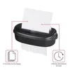 A black paper shredder with paper being fed into it, and shredded paper coming out. There are also two informational icons with text. Produktbild-Vorschau