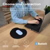 A person is using a laptop on a wooden desk, with a wireless mouse and mousepad nearby. Icons and text describe connectivity options. Produktbild-Vorschau