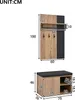 Diagrams showing the dimensions of a two-piece furniture set, including a wall-mounted coat rack and a shoe cabinet with a bench seat. Produktbild-Vorschau